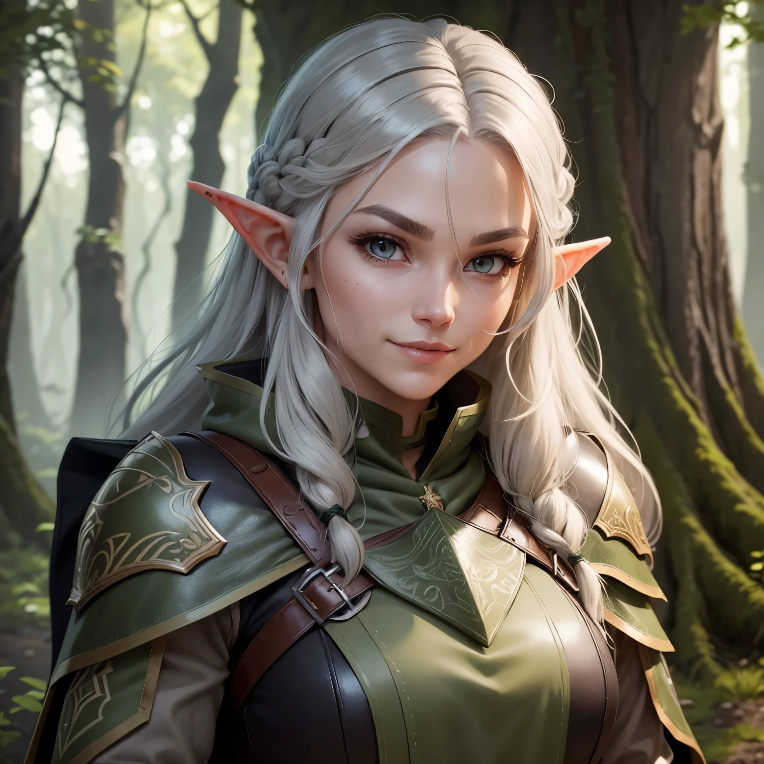 A female Elf Ranger. Born from the forest. Leather armor that blends in with the underbody and cape to become invisible. Long Light Gray Hair with Chunky Design. Super detailed eyes .shy smile.His gaze would be intense and serious. highly detailed image .ready for action at any time.