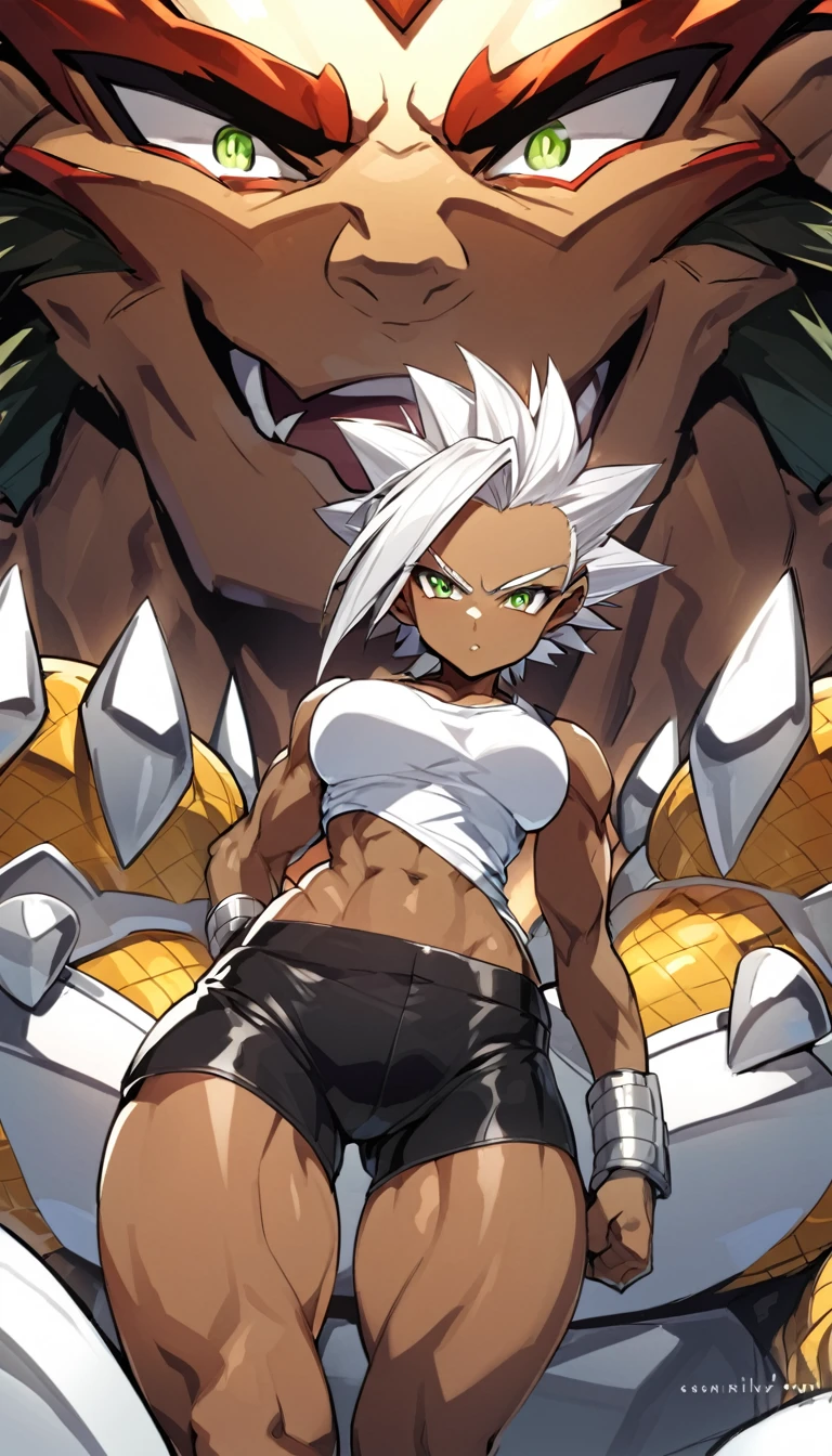 a girl, Saiyan, spiky white hair, green eyes, ripped muscles, thin waist, wide hips, Dragon Ball Z universe, brown skin color, medium breasts, black clothes glued to the body, white t-shirt, black shorts