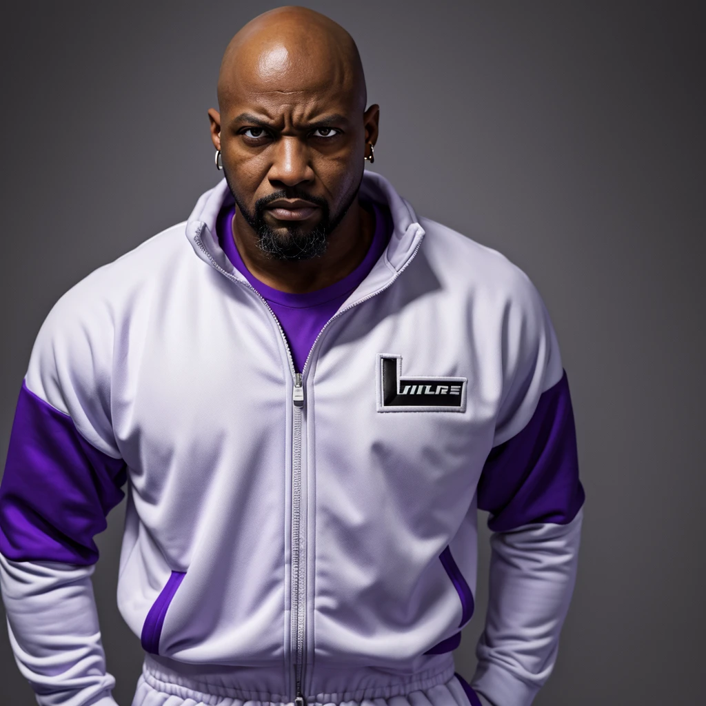 The character stands in full height, arms at his sides, African American, man, bald, angry, wild, blind left eye, broken nose, bearded, earring in his ear, looking menacingly at the camera, in a white and purple tracksuit, contrasting white background, cinematic lighting, digital painting, dramatic, noir style