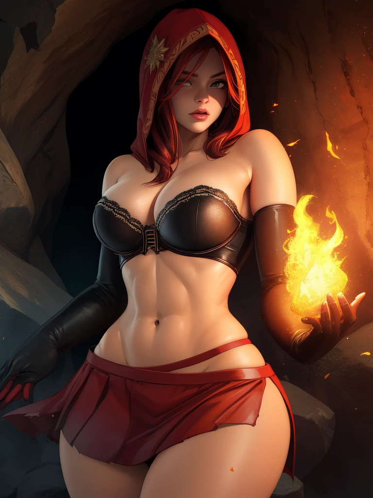 Dsorceress, redhair, shadowy face,dark cave, fire, hood, shadowed face, strapless bra, slim and athletic body, miniskirt, no panty, elbow gloves, dark skin, 1 girl (insanely detailed, masterpiece, best quality)