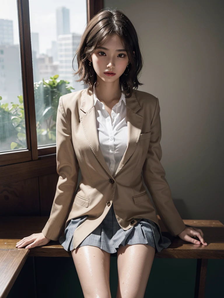 absurdres, RAW photo, extremely delicate and beautiful, masterpiece, Best Quality, ultra high resolution, 16k, hyperrealistic, ultra-detailed, perfect anatomy, super Detailed skin, perfect figure, Very detailed CG 8k wallpaper, in her 20s, very Slim body, narrow waist, very small head, very small face, delicate facial features, tearful mole, earring, thin legs, (very huge round breasts), full body shot, short hair, (wavy hair), (light brown hair), (wet clothes), ((school uniform)), (blazer),