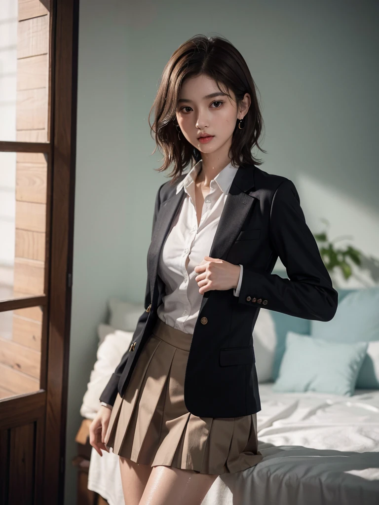 absurdres, RAW photo, extremely delicate and beautiful, masterpiece, Best Quality, ultra high resolution, 16k, hyperrealistic, ultra-detailed, perfect anatomy, super Detailed skin, perfect figure, Very detailed CG 8k wallpaper, in her 20s, very Slim body, narrow waist, very small head, very small face, delicate facial features, tearful mole, earring, thin legs, (very huge round breasts), full body shot, short hair, (wavy hair), (light brown hair), (wet clothes), ((school uniform)), (blazer),