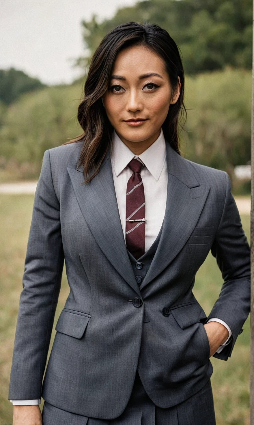 a beautiful picture of fukuharaXL ,woman,detailed skin texture,masterpiece, photorealistic, light, RAW color photo,(fully in frame:1.1), (blush:0.5), (goosebumps:0.5),(((skirt suit))), (((three-piece suit))), (((dress shirt))), (((necktie))), (((blazer))), (((suit jacket))), ((waistcoat)), double-breasted waistcoat, (((bodycon miniskirt))), pocket square, cufflinks, tie clip,detailed face,outdoors, (smile:0.5), film grain,cinematic lightning,fujifilm ,detailed eyes,camera