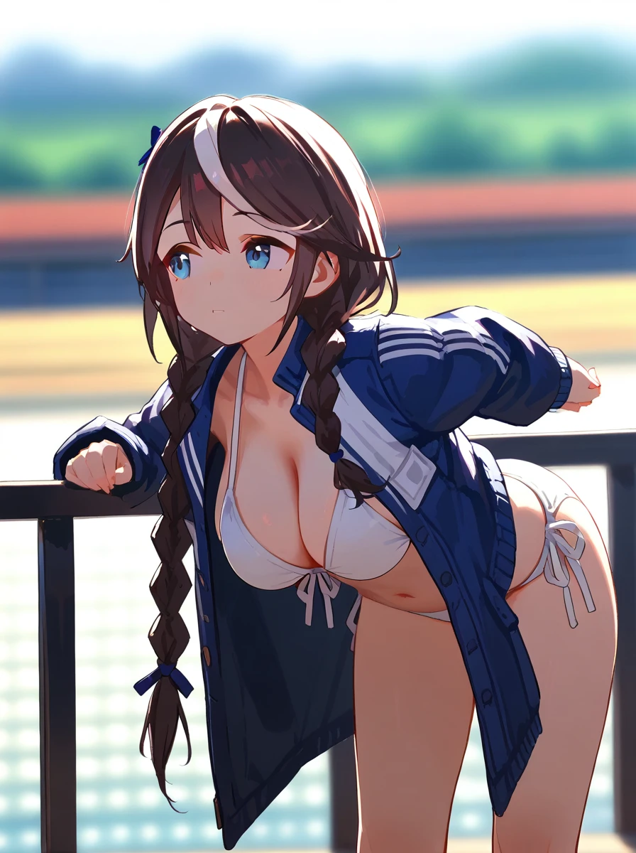 Anime girl has big  hanging on the railing, 1 girl, breasts, swimsuit, bikini, solo, mole under eye, belly button, braids, twin braids, big breasts, blurred background, cleavage, jacket, blue jacket, blue eyes, white bikini, outdoors, blurred, sideways, looking away, stomach cutout, leaning forward