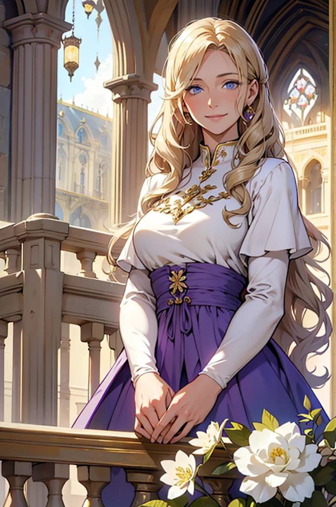 35 year old woman, with defined facial features, shy smile, clear skin, long curly hair, pale gold color, blue eyes, wearing a medieval purple nobility dress, posing standing, with hands in lap (detailed hands) straight legs, classic painting, large window in the background, flowery balcony, White flowers