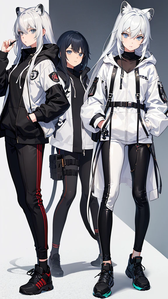 1girl, anime style, clouded leopard Demi-human, skinny body, Anime girl wearing a white hoodie, tactical bodysuit, black jeans, long silver hair, blue eyes color, detailed, 8k, high quality, RWBY