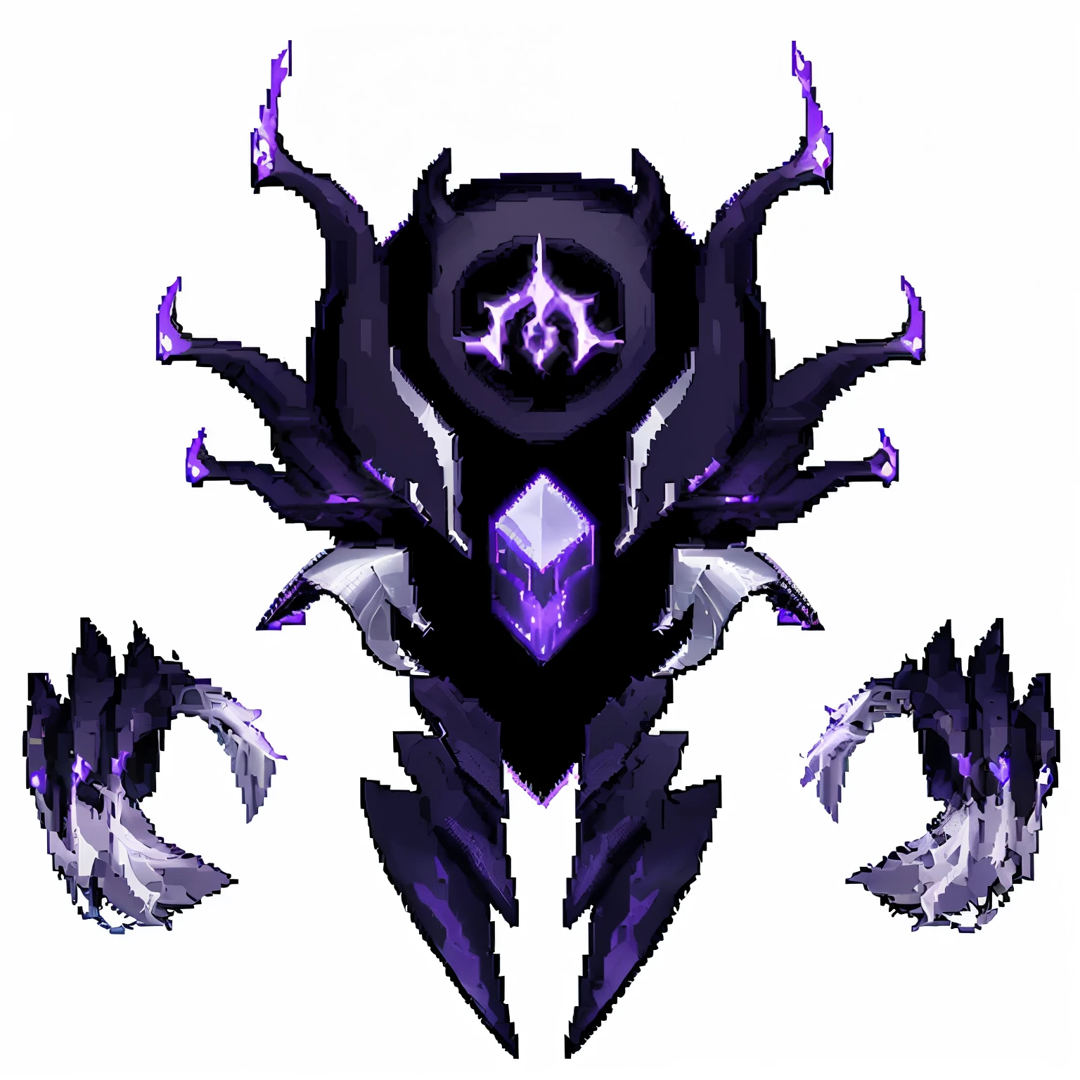 a close-up of a pixel art style image of a demonic creature, purple glowing core in armor, purple ancient horn deity, arcane art style, duelist style, darkness aura, corrupted armor, → ⃣ main darkness spectrum, dark aura, Noturno de League of Legends, Final Boss, painted in the style arcane, black gear prince crown