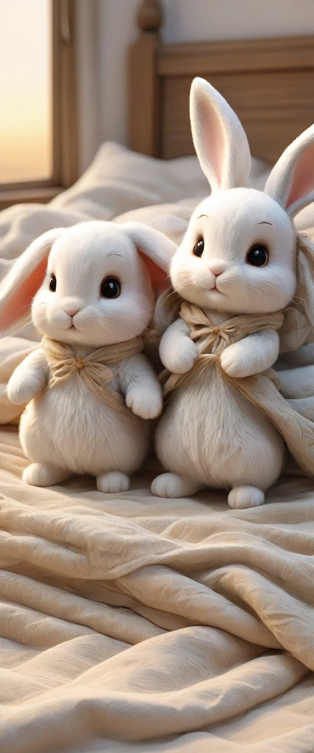 With the sunset in the background,(masterpiece:1.2, high quality), Two baby rabbits sleeping together in bed、