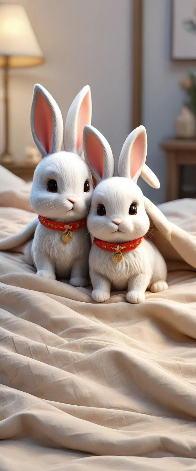 With the sunset in the background,(masterpiece:1.2, high quality), Two baby rabbits sleeping together in bed、
