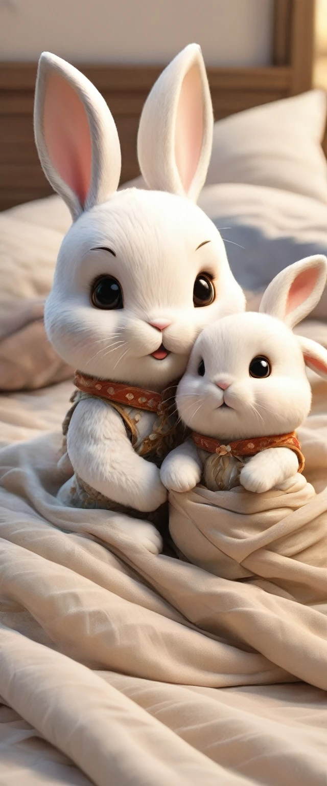 With the sunset in the background,(masterpiece:1.2, high quality), Two baby rabbits sleeping together in bed、