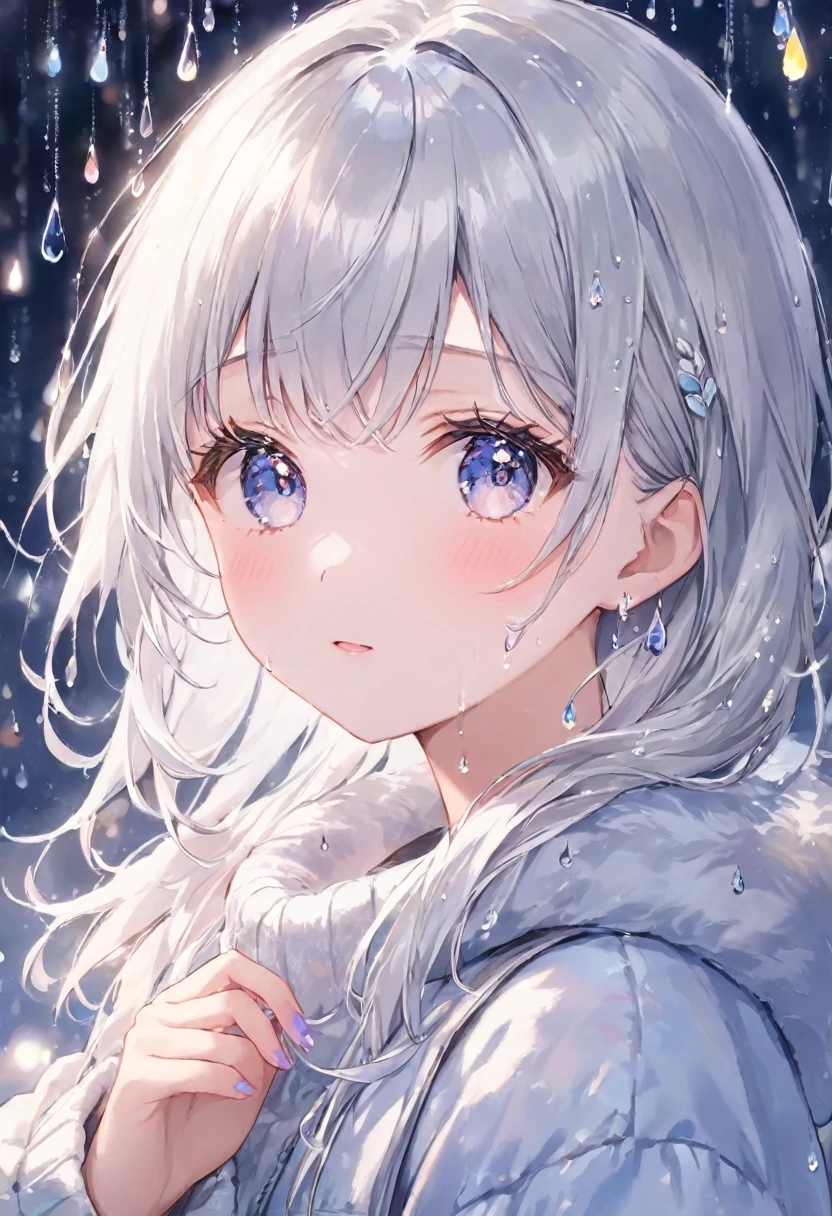 girl, Bright design, pastel colour, Drops of ink, Winter lights、Silver hair color、