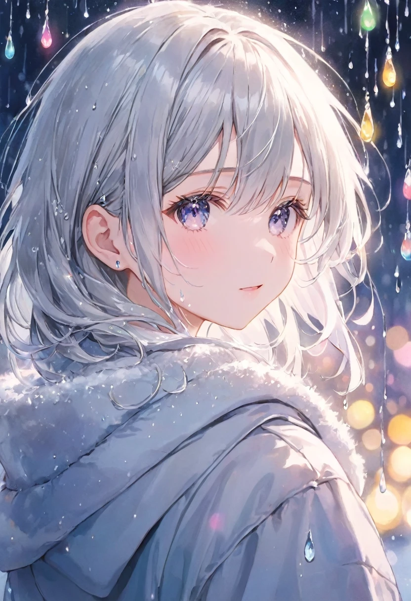 girl, Bright design, pastel colour, Drops of ink, Winter lights、Silver hair color、