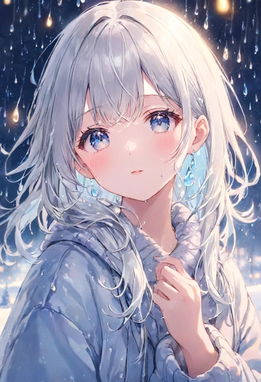 girl, Bright design, pastel colour, Drops of ink, Winter lights、Silver hair color、