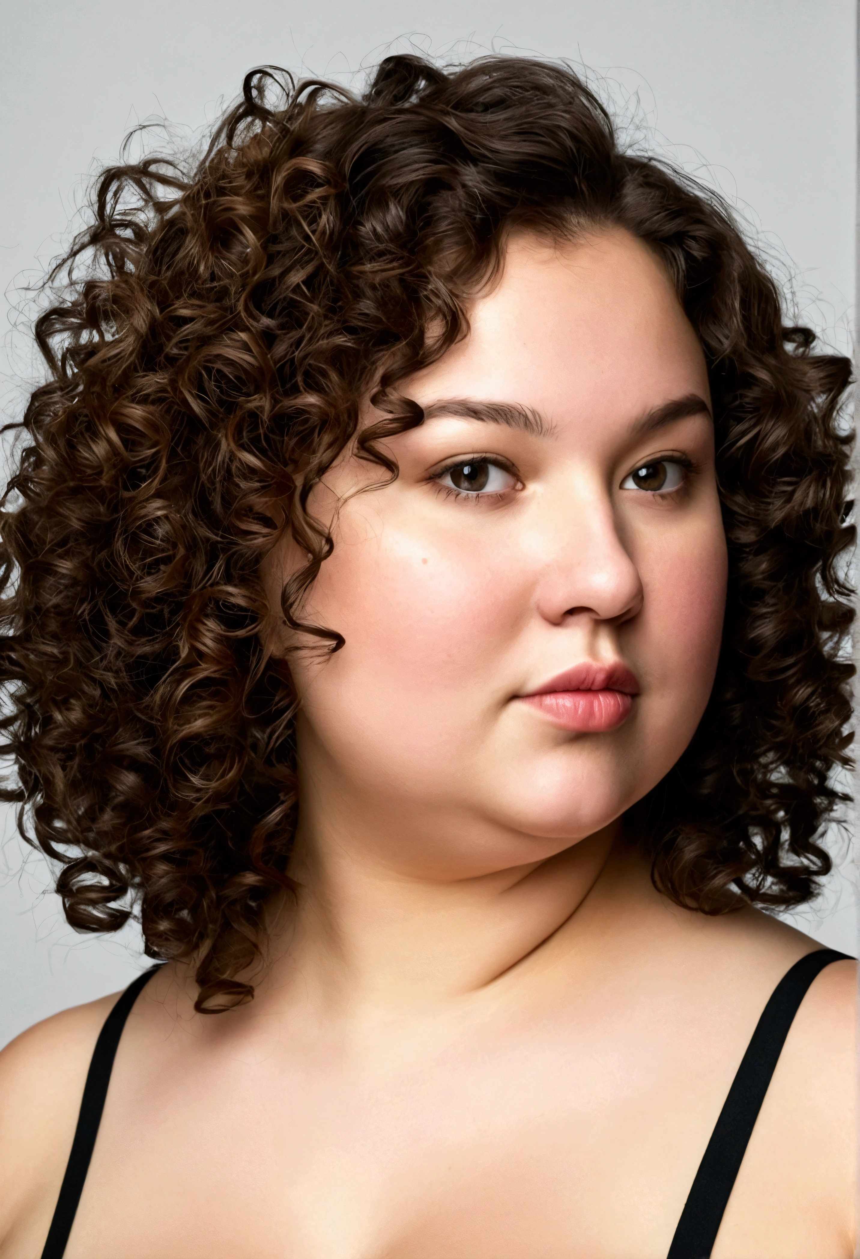 Young brunette woman with curly hair down her neck, above the shoulders. fat with double chin