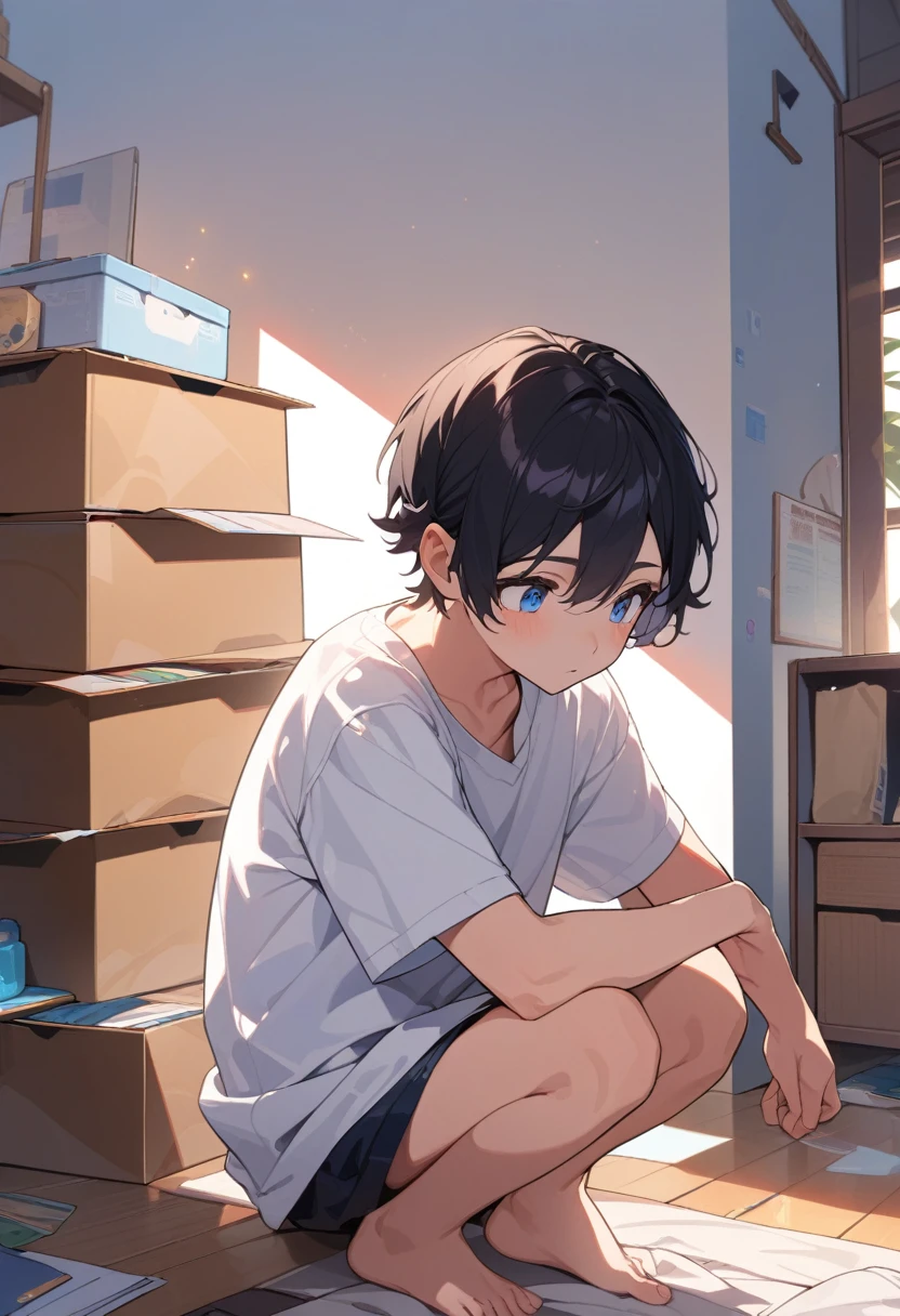 masterpiece, best quality, extremely detailed, ultra detailed, flat anime, 2D,
((1boy)),black hair, (short hair:1.5),blue eyes, height 1.7meters,  (circle eyes:1.2),  (young adult:1.2), Ear-length sideburns,
long Sleeves, White T-shirt, barefoot, 
squatting, looking away, expressionless,
summer, 12AM, livingroom,organizing the boxes., I'm looking at the material in my hand.