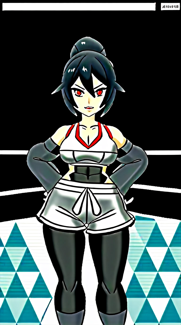 Hellhound, monster girl encyclopedia, hellhoundMGE, black skin, thick thighs, (large breasts), wide hips, small waist, long black hair, wearing sports bra with athletic shorts and large boxing gloves, standing in wrestling ring, seductive smile, smug, teasing pose showing breasts, (((health bar))), looking at viewer, (pov), larger female