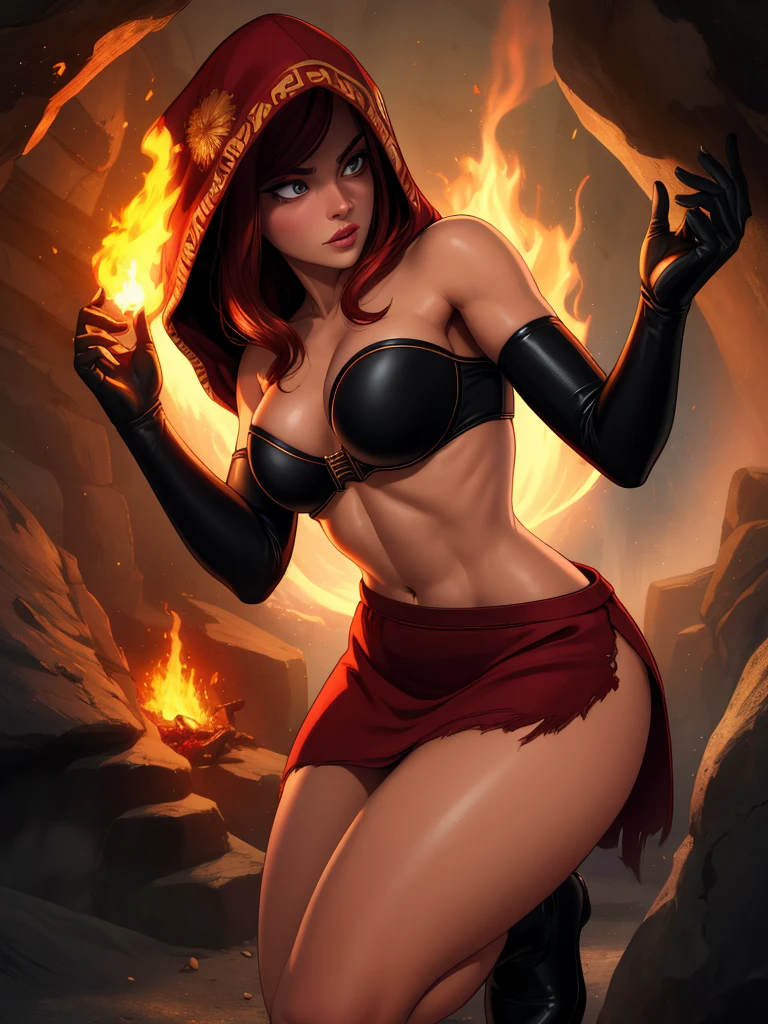 Dsorceress, redhair, shadowy face,dark cave, fire, hood, shadowed face, strapless bra, slim and athletic body, miniskirt, no panty, elbow gloves, dark skin, 1 girl (insanely detailed, masterpiece, best quality)