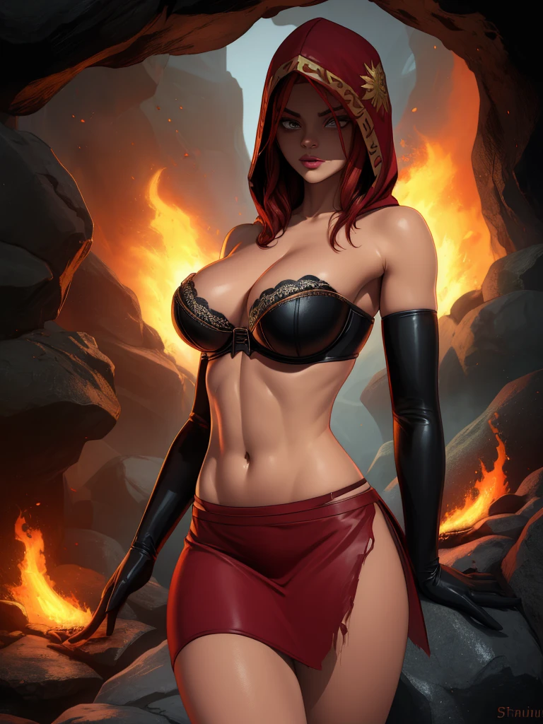 Dsorceress, redhair, shadowy face,dark cave, fire, hood, shadowed face, strapless bra, slim and athletic body, miniskirt, no panty, elbow gloves, dark skin, 1 girl (insanely detailed, masterpiece, best quality)