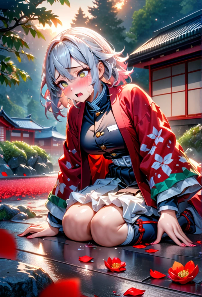 Ultra detailed, high resolution, absurd, HDR, masterpiece, anime girl, beautiful woman, long white hair with red streaks, expressive yellow eyes, red haori, black demon slayer uniform, Kimetsu No Yaiba, fantasy, petals, red flowers, beautiful, woman kneeling on the ground, alone, sunrise, forest next to a Japanese house, best quality, extremely detailed face and eyes, crying, in pain, panic attack