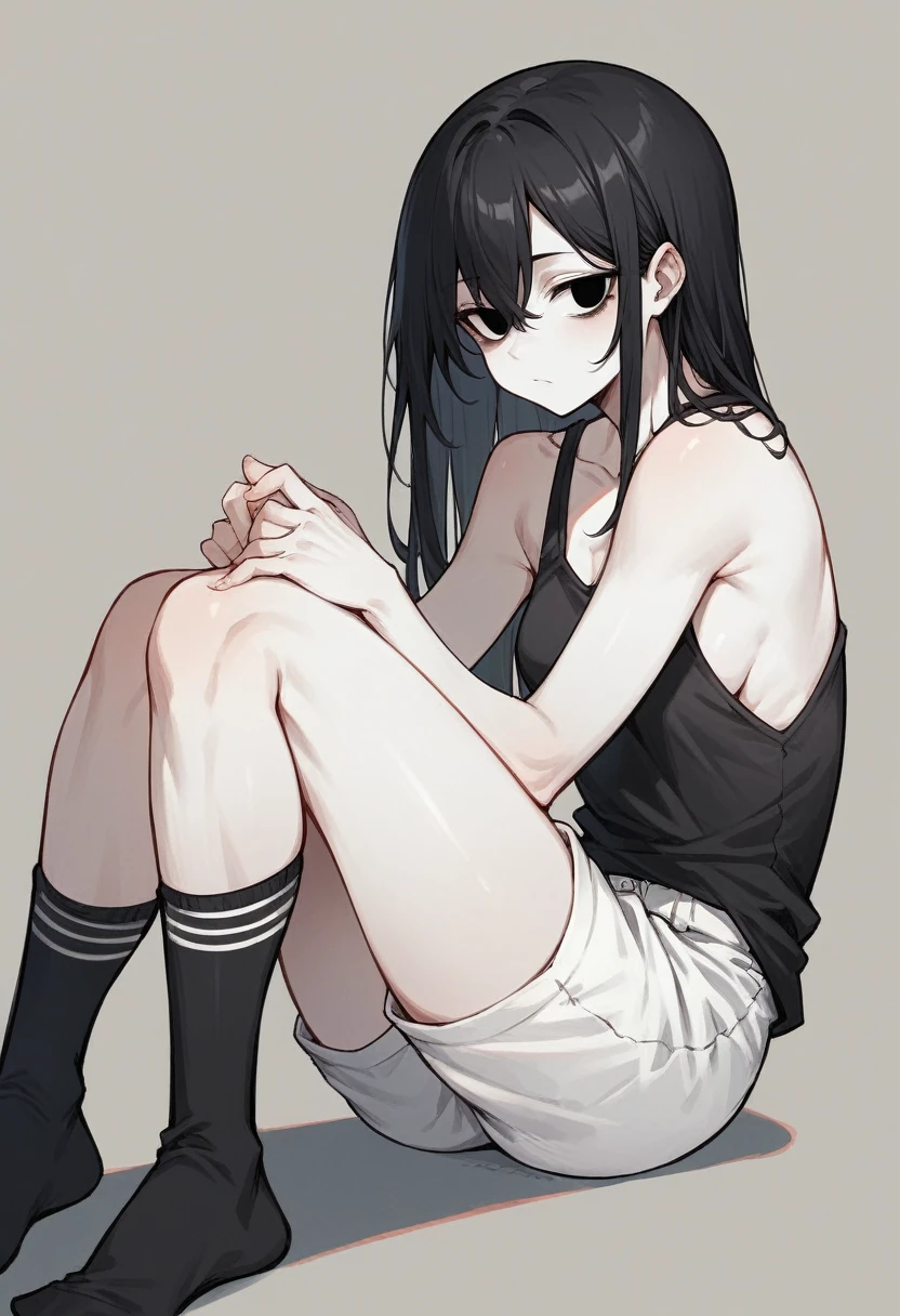 girl with long black hair, black eyes, emotionless face, straight body, wearing a black tank top, white shorts with black stripes and long black socks and very white skin
