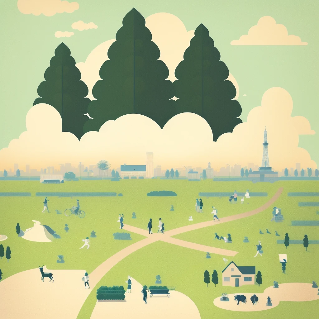 There are many people walking in the park, Parks and public spaces, Townscape reminiscent of Nara, Park in the background, Simple illustration, Flat Illustration, Detailed 2D illustrations, sunny day,Towers are erased,A few white clouds in the blue sky