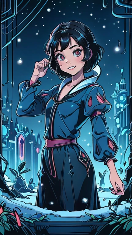 best quality,masterpiece,1girl,solo,(((13years old))),japanese girl,an extremely cute and handsome girl,highly detailed beautiful face and eyes,petit,cute face,lovely face,baby face,shy smile,show teeth, Black hair,short hair,flat chest,skinny,slender,(((wearing a snowwhite costume))),(((standing in Dark Midnight Neon Glow light Disneyland))),he is looking at the viewer,