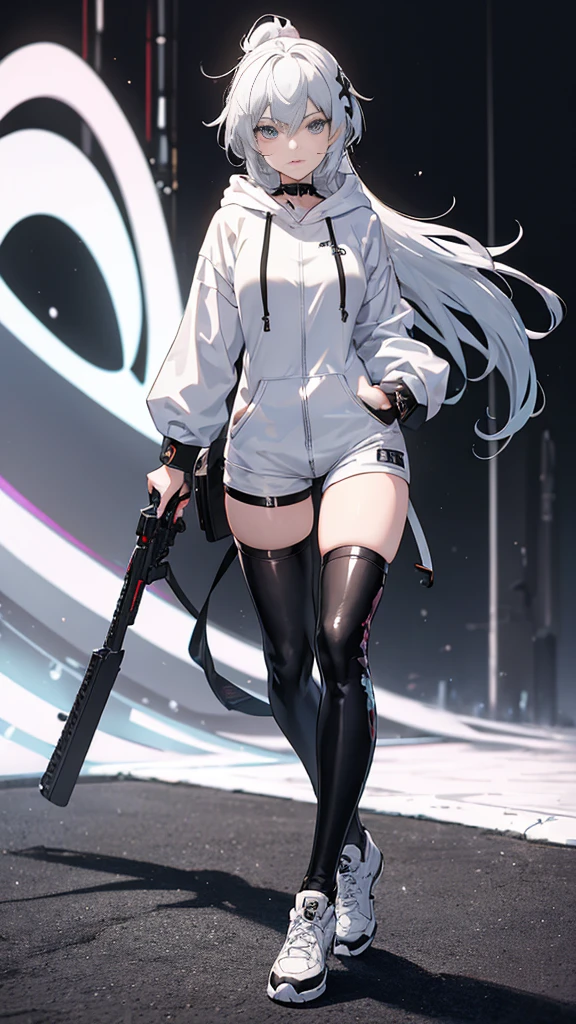 1girl, anime style, clouded leopard Demi-human, skinny body, Anime girl wearing a white hoodie, tactical bodysuit, black jeans, long silver hair, blue eyes color, detailed, 8k, high quality, RWBY