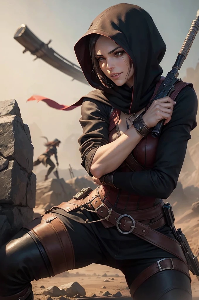 a woman assassin in a dramatic pose, killing someone, smiling, rpg style, cinematic lighting, intricate details, dark fantasy, dramatic shadows, mystical atmosphere, vibrant colors, chiaroscuro, moody, painterly, digital painting, masterpiece, cinematic, photorealistic, dramatic pose, intense expression, sinister smile, dynamic action, detailed clothing, mysterious background, atmospheric lighting, rich textures, dramatic lighting, dark and gritty, cinematic composition, realistic skin tones, high detail, intricate ornaments, striking contrast, intense atmosphere, dynamic energy, powerful presence