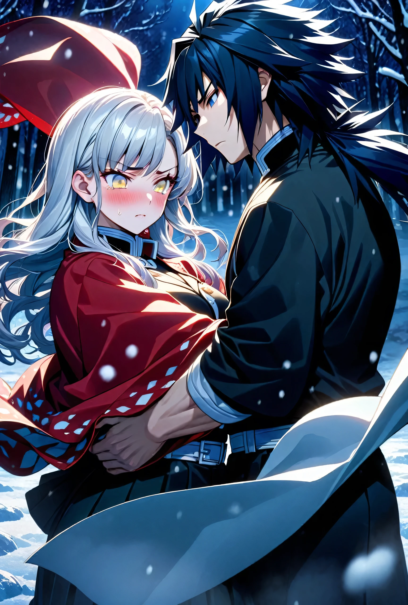 Ultra detailed, high resolution, absurd, HDR, masterpiece, anime girl and boy, beautiful woman (with long white hair with deep red streaks, woman (with yellow eyes), the woman (is wearing a red haori), long hair woman, in black demon slayer corps uniform, Kimetsu No Yaiba, fantasy, handsome, Tomioka Giyu, Hashira, Tomioka haori, Tomioka is serious and worried, couple, night, winter forest, snow, best quality, extremely detailed face, anime, the woman is really sad ,Tomioka is a strong man, the woman is angry, Tomioka Giyu is trying to confort the pretty woman, Tomioka is protecting his lover, the girl is crying
