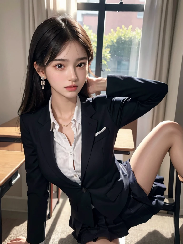 absurdres, RAW photo, extremely delicate and beautiful, masterpiece, Best Quality, ultra high resolution, 32k, hyperrealistic, ultra-detailed, perfect anatomy, super Detailed skin, perfect figure, Super Beauty, Perfect Style, Perfect balance, 20 years old, very small head, very small face, delicate facial features, detailed face, detailed eyes, tearful mole, earring, very huge round breasts, legs, medium hair, whole body shot, indoor, ((school_uniform)), blazer,