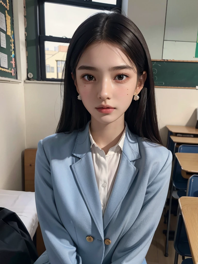 absurdres, RAW photo, extremely delicate and beautiful, masterpiece, Best Quality, ultra high resolution, 32k, hyperrealistic, ultra-detailed, perfect anatomy, super Detailed skin, perfect figure, Super Beauty, Perfect Style, Perfect balance, 20 years old, very small head, very small face, delicate facial features, detailed face, detailed eyes, tearful mole, earring, very huge round breasts, legs, medium hair, whole body shot, indoor, ((school_uniform)), blazer,