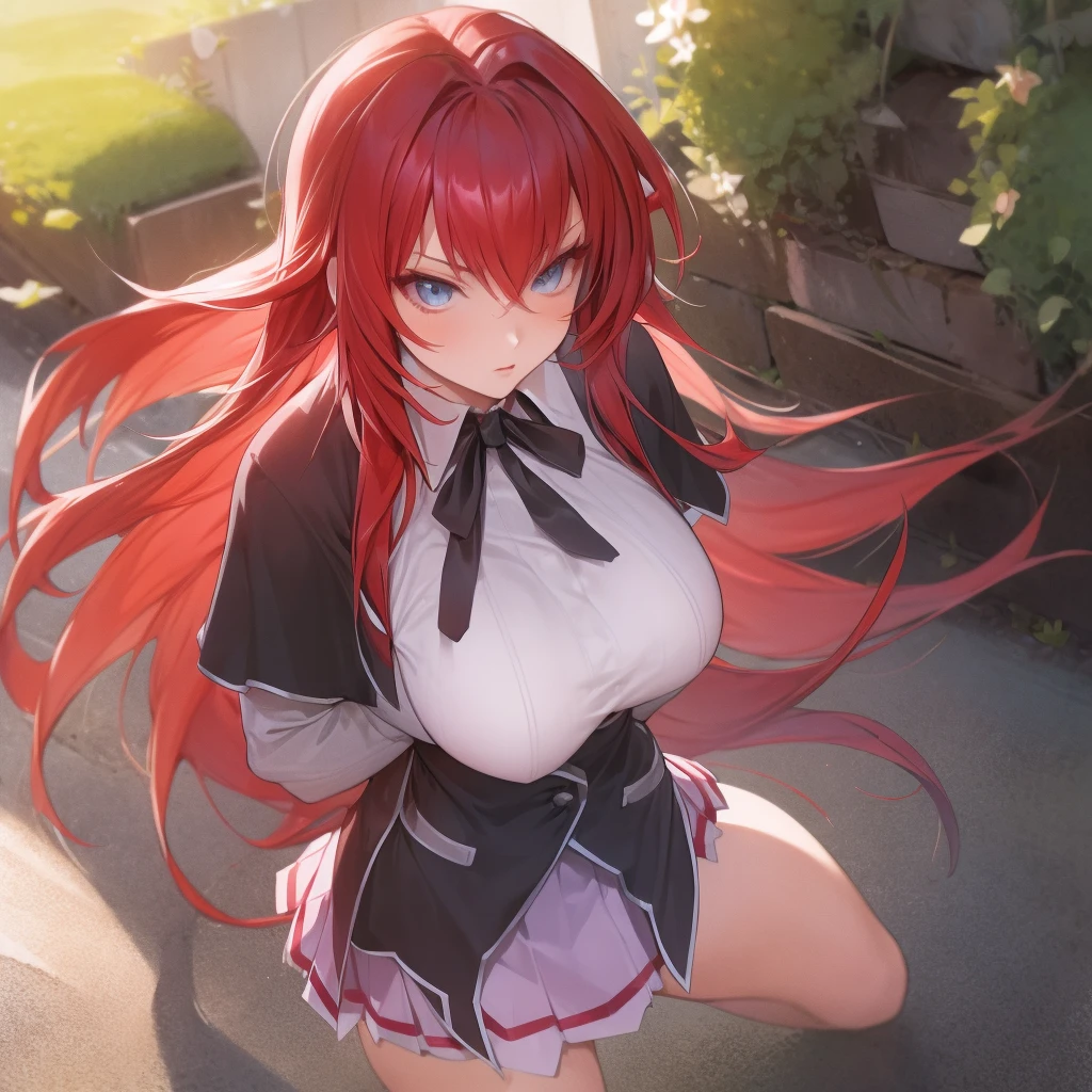 masterpiece, best quality, high quality, highres, outdoors, day, upper body, looking at viewer, solo, focused, BREAK, ANIME_DxD_Rias_Gremory_ownwaifu, 1girl, bangs, long hair, red hair, breasts, large breasts, rias gremory, blue eyes, hair between eyes, very long hair, collarbone, hair intakes, hair over breasts, black capelet, black corset, collared shirt, kuoh academy , layered skirt, underbust, , skirt, shirt, long sleeves, purple skirt, ribbon, miniskirt, neck ribbon, thighhighs, black ribbon,
