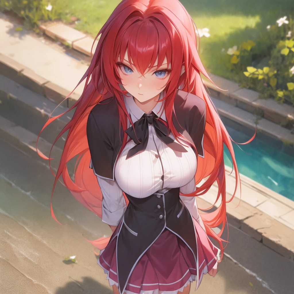 masterpiece, best quality, high quality, highres, outdoors, day, upper body, looking at viewer, solo, focused, BREAK, ANIME_DxD_Rias_Gremory_ownwaifu, 1girl, bangs, long hair, red hair, breasts, large breasts, rias gremory, blue eyes, hair between eyes, very long hair, collarbone, hair intakes, hair over breasts, black capelet, black corset, collared shirt, kuoh academy , layered skirt, underbust, , skirt, shirt, long sleeves, purple skirt, ribbon, miniskirt, neck ribbon, thighhighs, black ribbon,
