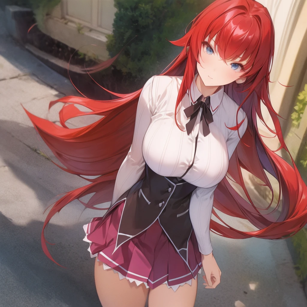 masterpiece, best quality, high quality, highres, outdoors, day, upper body, looking at viewer, solo, focused, BREAK, ANIME_DxD_Rias_Gremory_ownwaifu, 1girl, bangs, long hair, red hair, breasts, large breasts, rias gremory, blue eyes, hair between eyes, very long hair, collarbone, hair intakes, hair over breasts, black capelet, black corset, collared shirt, kuoh academy , layered skirt, underbust, , skirt, shirt, long sleeves, purple skirt, ribbon, miniskirt, neck ribbon, thighhighs, black ribbon,
