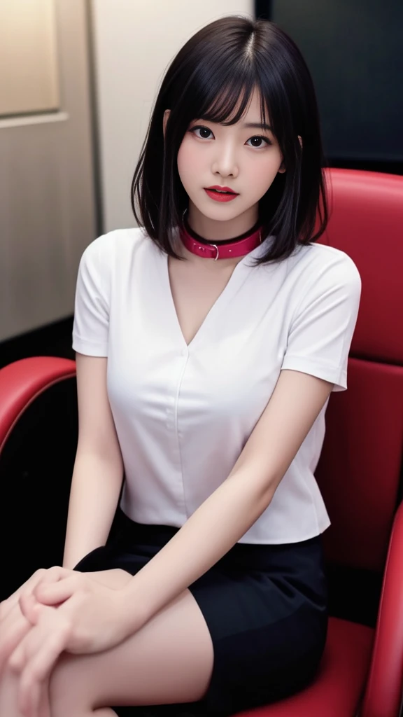 ((masterpiece、Highest quality、4K))、front、 Looking into the camera、 Black tone、 Low Key Film、 One beautiful woman、 cute、 Japanese women、20-year-old、 Short Wavy Hair、 Black Hair、 office lady、 Open-collar shirt、 Pink short skirt、 all、 Red background、Large Breasts、 Realistic、 Sit on a chair