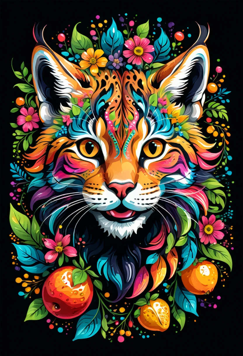  arte vetorial para  t shirt design, of a colorful illustration of a little smiling lynx, At the center, swirly vibrant colors, flowers, fruits, high détail,black backdrop, Transparent background, t shirt design.
(work of art, UHD quality, details in 16k, proffesional, perfect composition, very aesthetic, absurdrez, super verbose, details Intricate:1.3)