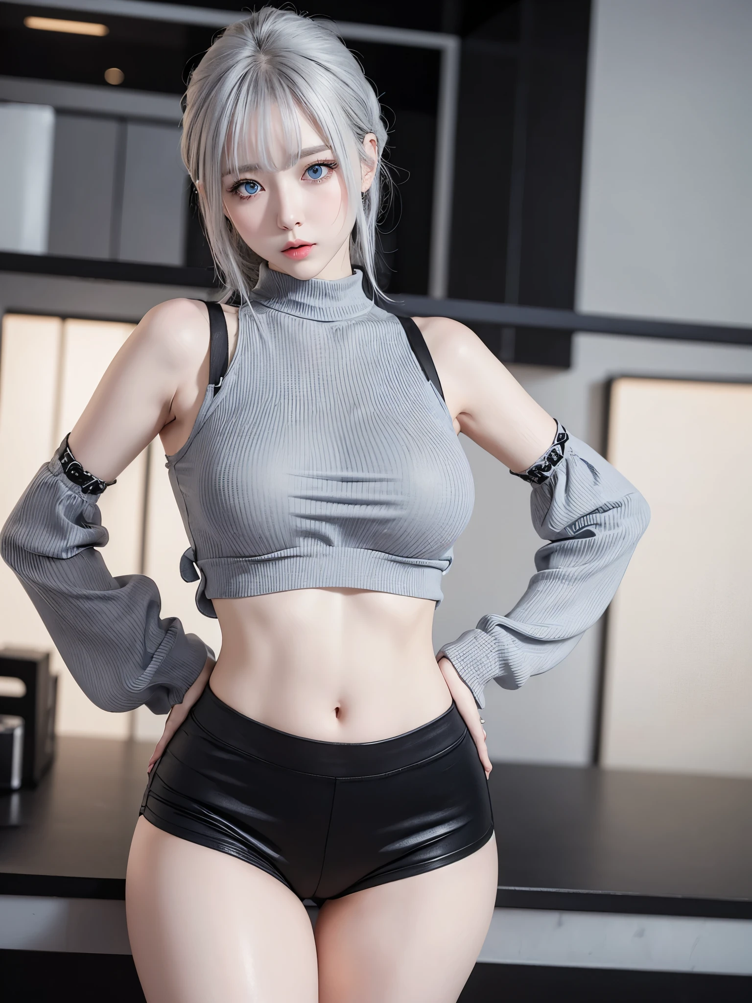 Realistic, High resolution, 1 girl, Gray Hair, Korean, blue eyes, White sexy shirt, Revealing tight black shorts, Thick thighs, crop top sexy