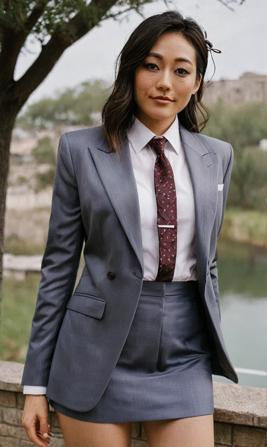a beautiful picture of fukuharaXL ,woman,detailed skin texture,masterpiece, photorealistic, light, RAW color photo,(fully in frame:1.1), (blush:0.5), (goosebumps:0.5),(((silk skirt suit))), (((three-piece suit))), (((dress shirt))), (((necktie))), (((blazer))), (((suit jacket))), ((waistcoat)), double-breasted waistcoat, (((bodycon miniskirt))), pocket square, cufflinks, tie clip,detailed face,outdoors, (smile:0.5), film grain,cinematic lightning,fujifilm ,detailed eyes,camera