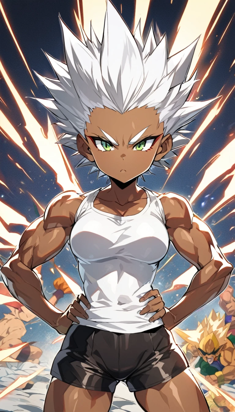 a girl, Saiyan, spiky white hair, green eyes, ripped muscles, thin waist, wide hips, Dragon Ball Z universe, brown skin color, medium breasts, black clothes glued to the body, white t-shirt, black shorts