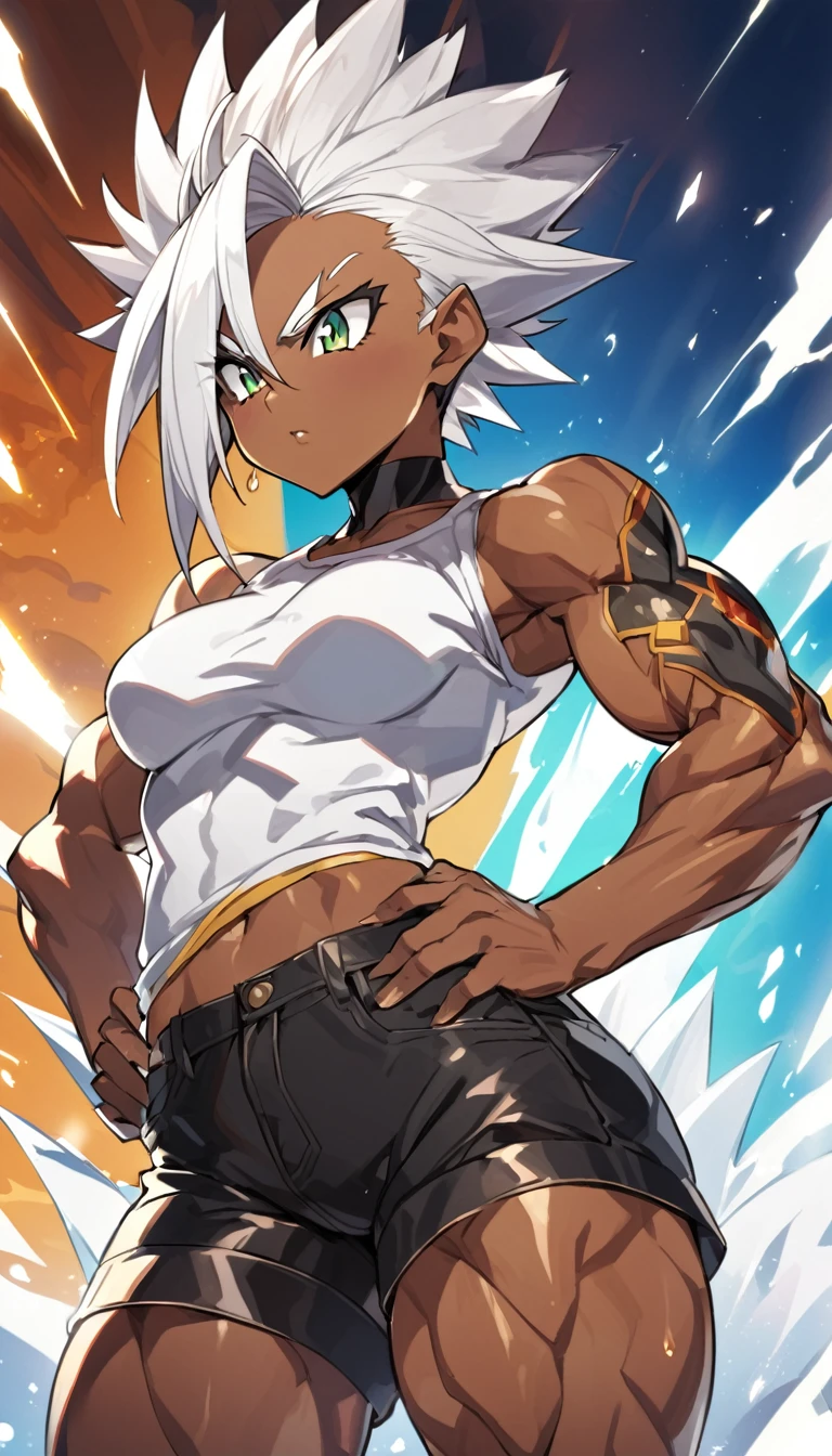 a girl, Saiyan, spiky white hair, green eyes, ripped muscles, thin waist, wide hips, Dragon Ball Z universe, brown skin color, medium breasts, black clothes glued to the body, white t-shirt, black shorts
