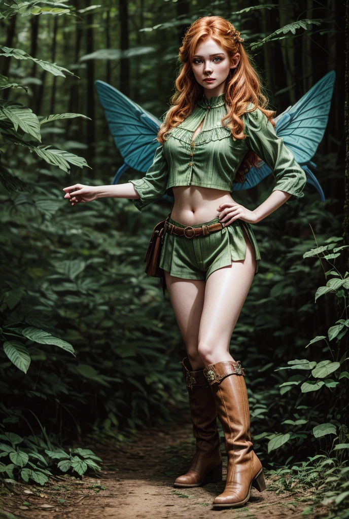 Best Picture Quality, Masterpiece Level, Ultra High Resolution, Realism, Fantasy, fulllength, A Girl, Single, Scatter, wood elf, in forest, midriff, crop top, thighs, ginger hair, braided hair, green eyes, butterfly wings, perfect face, perfect body, wings, perfect breasts, green outfit, high heeled boots