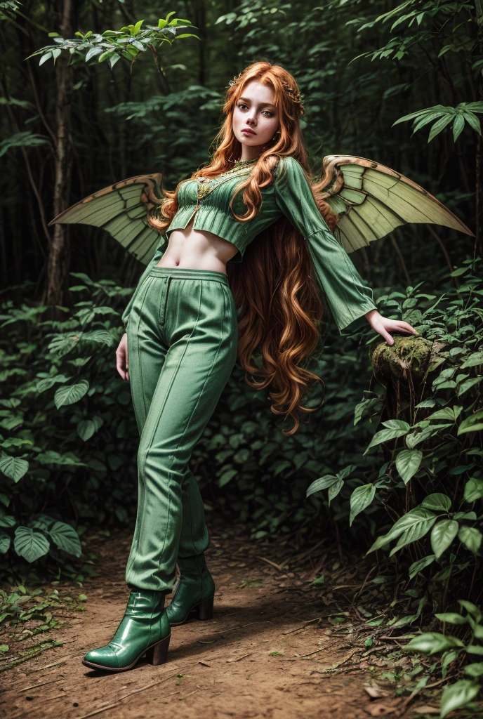 Best Picture Quality, Masterpiece Level, Ultra High Resolution, Realism, Fantasy, fulllength, A Girl, Single, Scatter, wood elf, in forest, midriff, crop top, thighs, ginger hair, braided hair, green eyes, butterfly wings, perfect face, perfect body, wings, perfect breasts, green outfit, high heeled boots