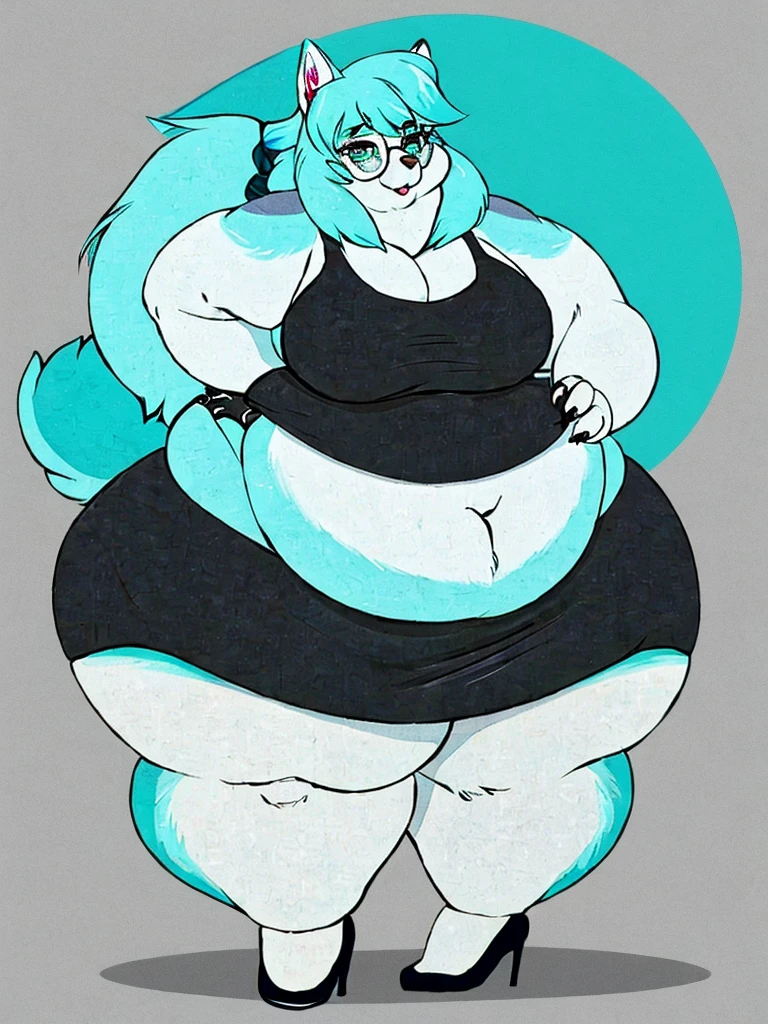 Malamute, female, long cyan hair, huge breasts, huge hips, huge thighs, plump, voluptuous, morbidly obese, feminine, gorgeous, beautiful, eyelashes, fat arms, fat legs, fat neck, chubby cheeks, double chin,tank top, black skirt,cyan hair, cyan fur, cyan eyes, pear-shapped figure, claws,cyan claws simple background, rectangular glasses , , fullbody, graceful,cyan eyes, bottom heavy tufy of hair on eye, big belly, high heels