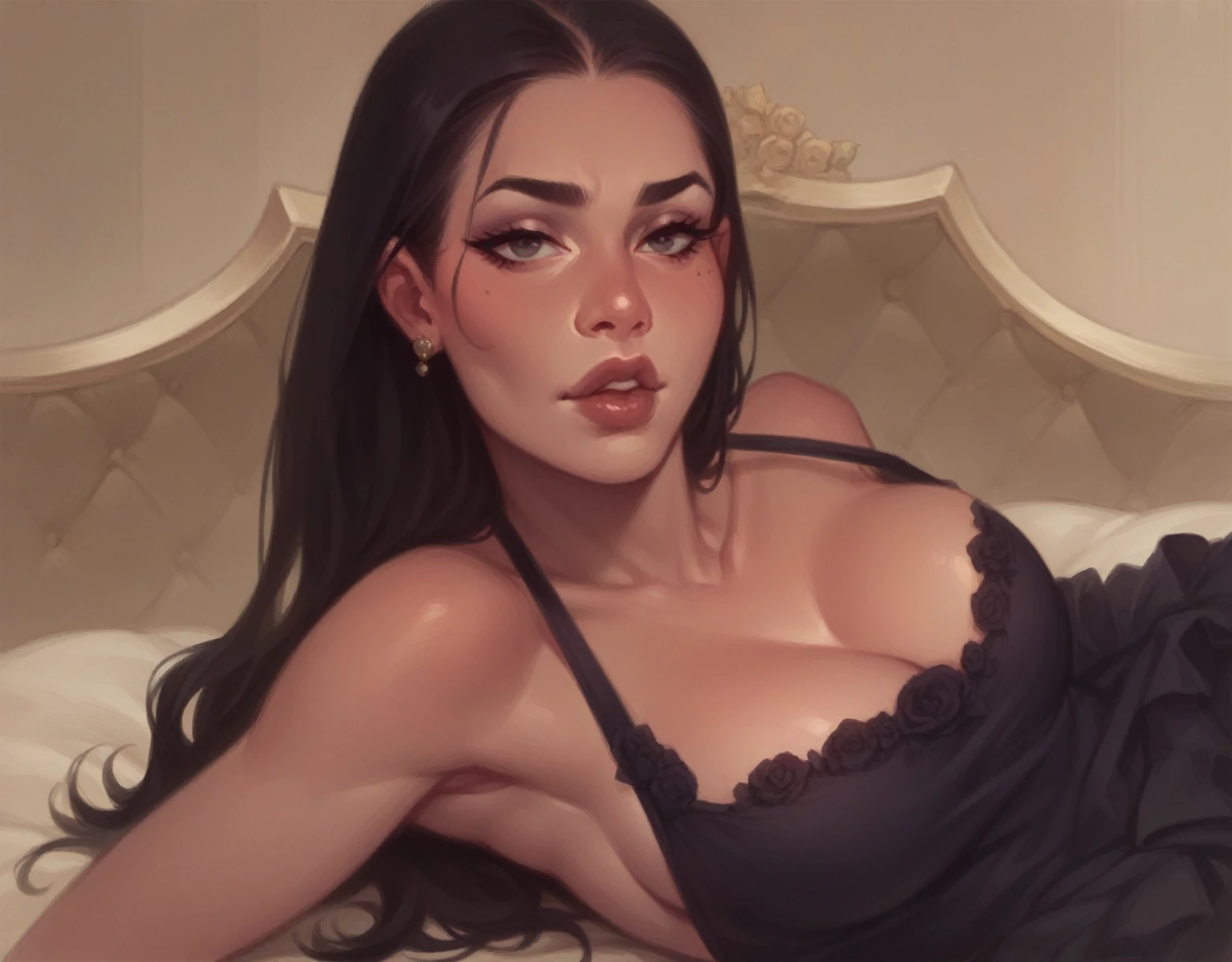 Black-haired woman with pompous lips and big breasts