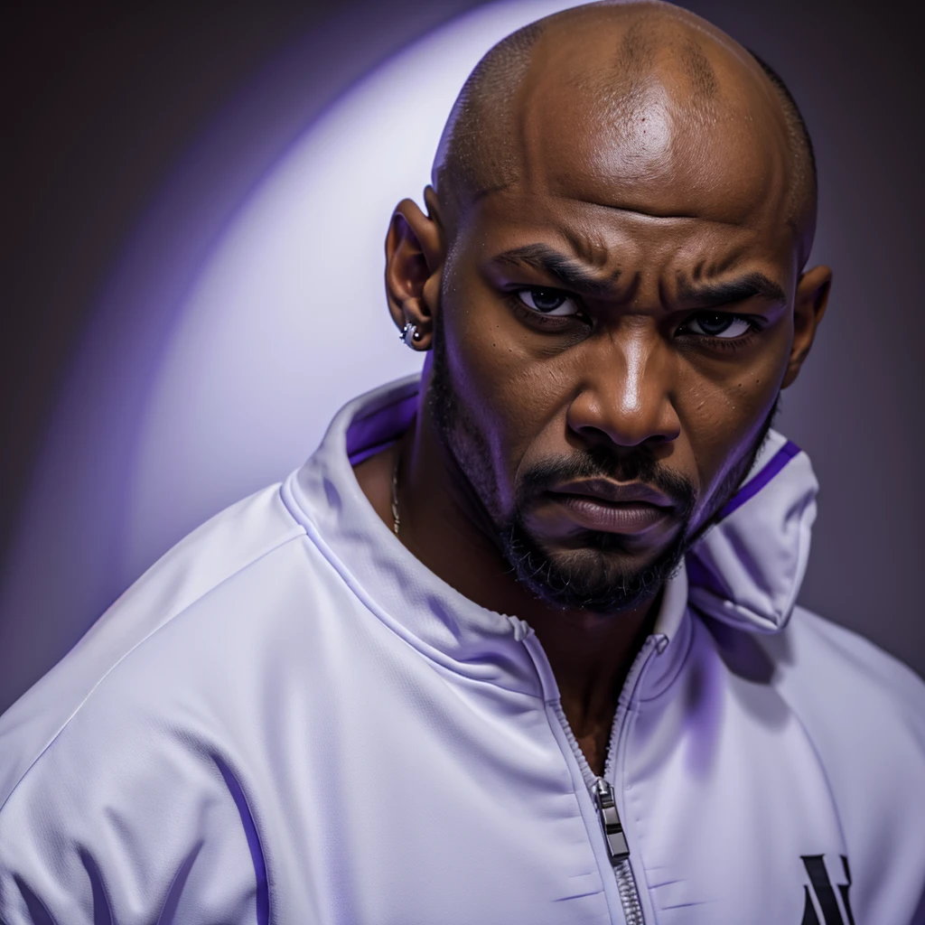 The character stands in full height, arms at his sides, African American, man, bald, angry, wild, blind left eye, broken nose, bearded, earring in his ear, looking menacingly at the camera, in a white and purple tracksuit, contrasting white background, cinematic lighting, digital painting, dramatic, noir style