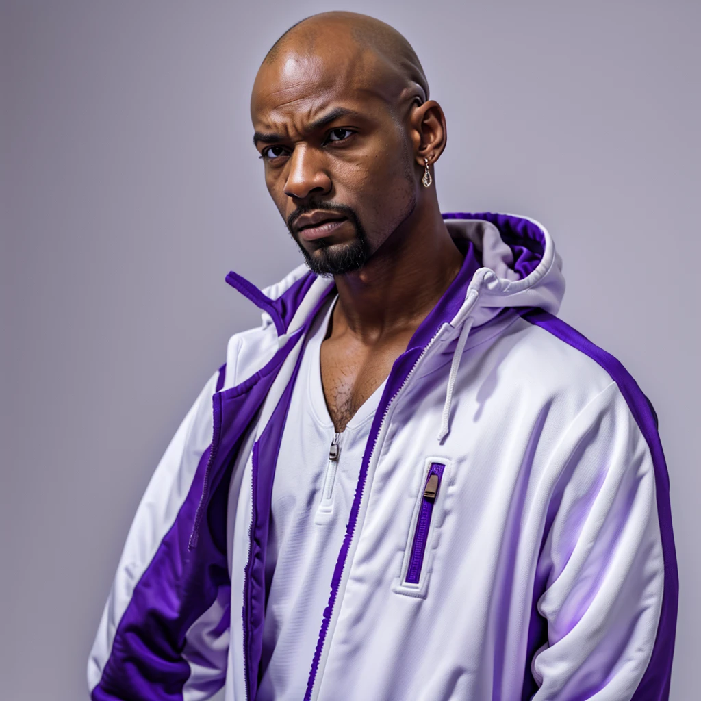 The character stands in full height, arms at his sides, African American, man, bald, angry, wild, blind left eye, broken nose, bearded, earring in his ear, looking menacingly at the camera, in a white and purple tracksuit, contrasting white background, cinematic lighting, digital painting, dramatic, noir style