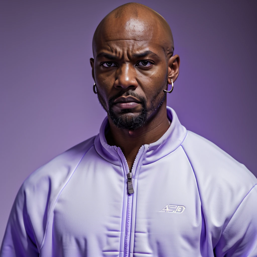 The character stands in full height, arms at his sides, African American, man, bald, angry, wild, blind left eye, broken nose, bearded, earring in his ear, looking menacingly at the camera, in a white and purple tracksuit, contrasting white background, cinematic lighting, digital painting, dramatic, ???? style