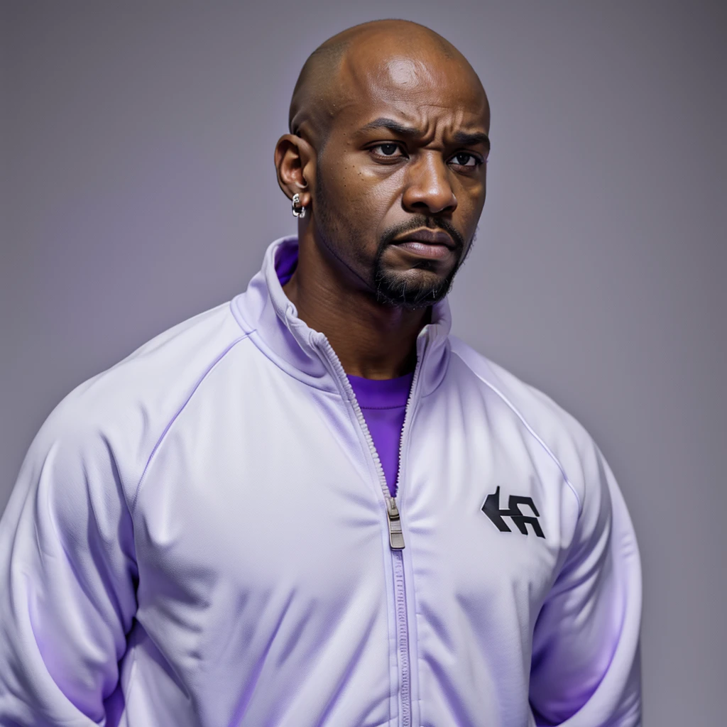 The character stands in full height, arms at his sides, African American, man, bald, angry, wild, blind left eye, broken nose, bearded, earring in his ear, looking menacingly at the camera, in a white and purple tracksuit, contrasting white background, cinematic lighting, digital painting, dramatic, noir style