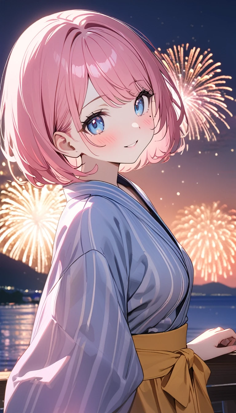 (1 girl),(Best Picture Quality, 8K, Masterpiece:1.3), (high school student:1.5), ((pink lob hair:1.1)), (bob cut),(swept bangs), (cute eyes, pupil black, iris skyblue, youthful face), (mole under right eye), (standard weight), (small breasts), (glistening skin:1.1),(pale skin:1.2),(yukata),(fireworks:1.2),((cute fashion)),((summer scene:1.2)),(magnificent view),(overlooking),(Smile).