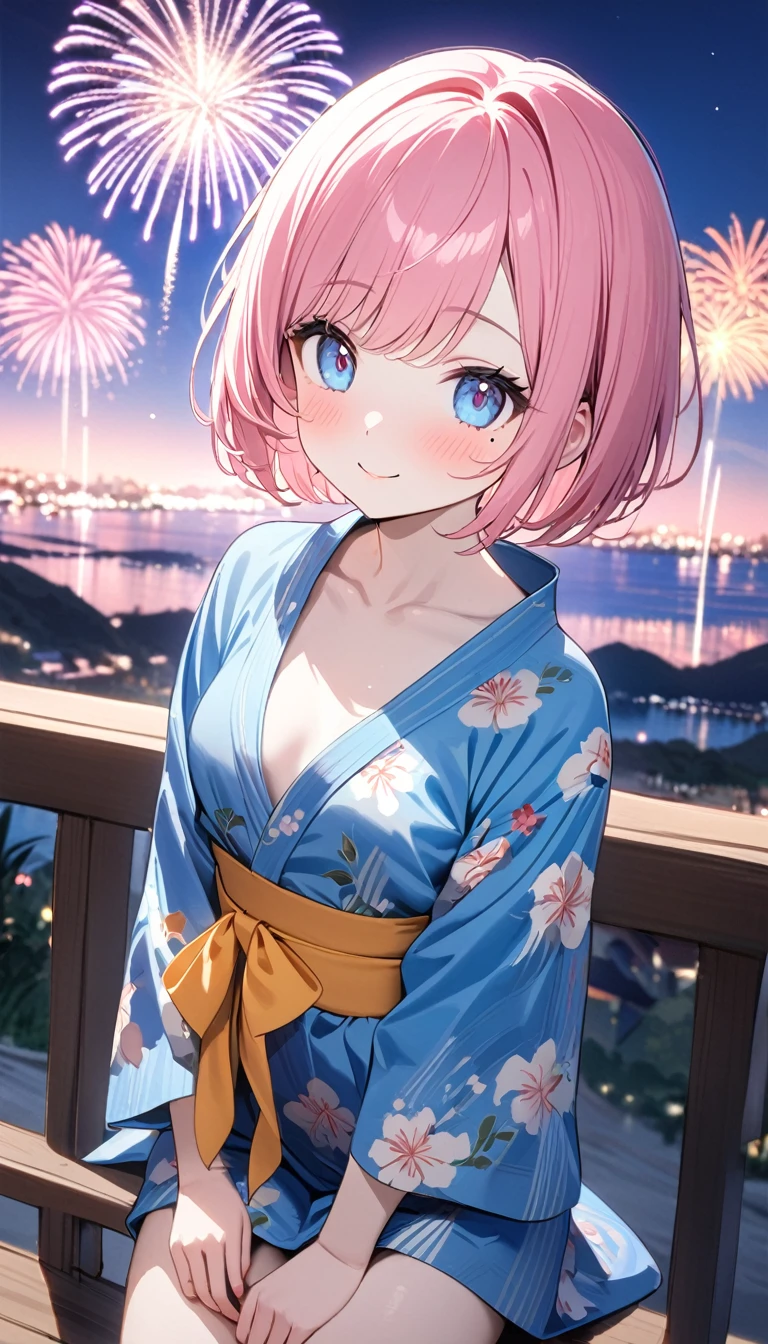 (1 girl),(Best Picture Quality, 8K, Masterpiece:1.3), (high school student:1.5), ((pink lob hair:1.1)), (bob cut),(swept bangs), (cute eyes, pupil black, iris skyblue, youthful face), (mole under right eye), (standard weight), (small breasts), (glistening skin:1.1),(pale skin:1.2),(yukata),(fireworks:1.2),((cute fashion)),((summer scene:1.2)),(magnificent view),(overlooking),(Smile).